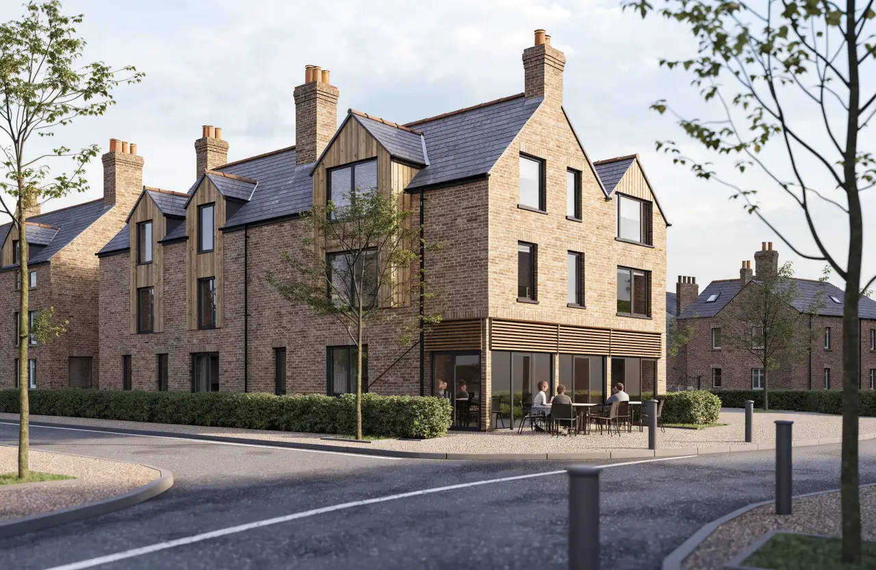 Illustration of a café on the corner of a new brick terrace
