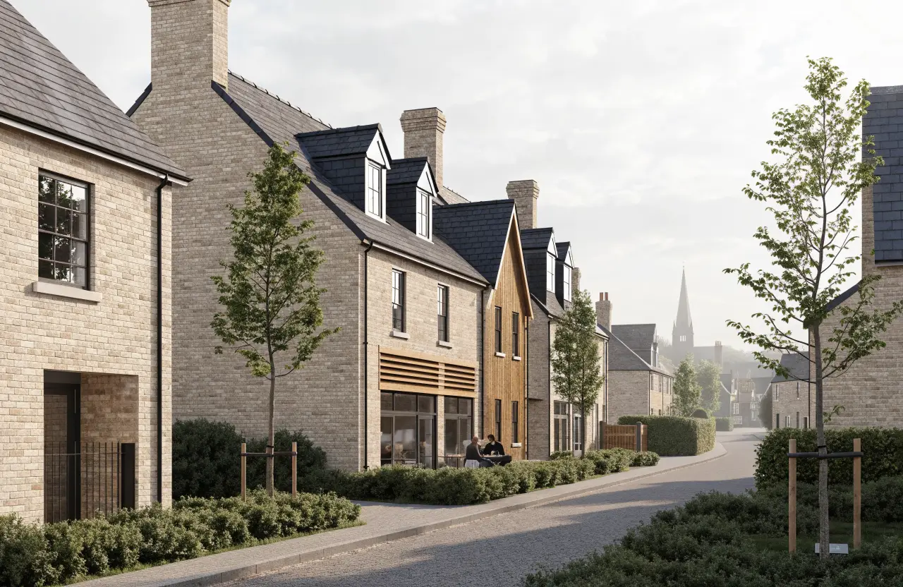 Illustration of new brick homes on a village street